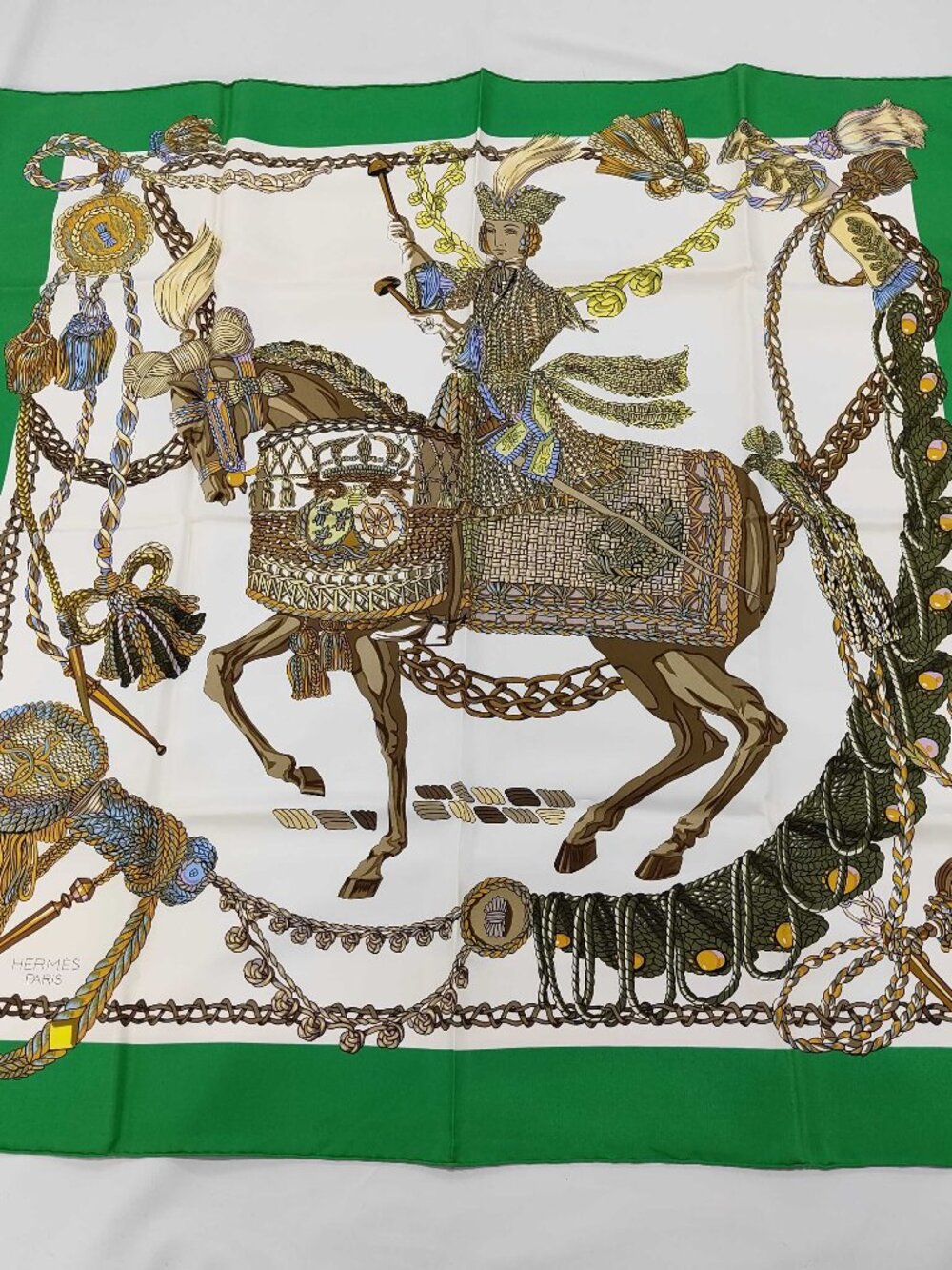 Hermès Paris Vintage Silk Scarf Equestrian Horse & Rider Green Border